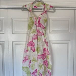 Butterfly Print Halter Dress Open Back Pink Green Y2K Coquette